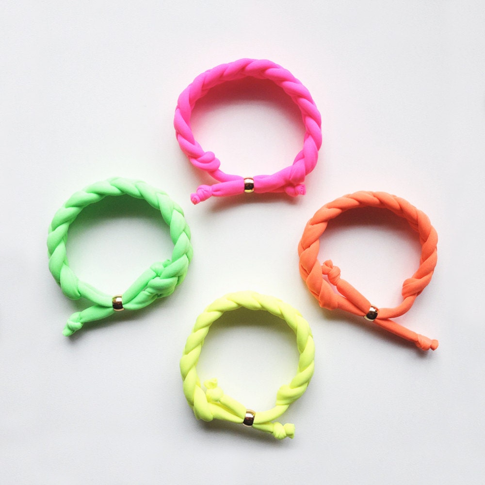 set of 4 - the braid bracelet - handmade with a neon fabric and a gold stainless steel bead