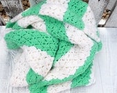 Green and White Striped Vintage Afghan Baby Blanket / Throw