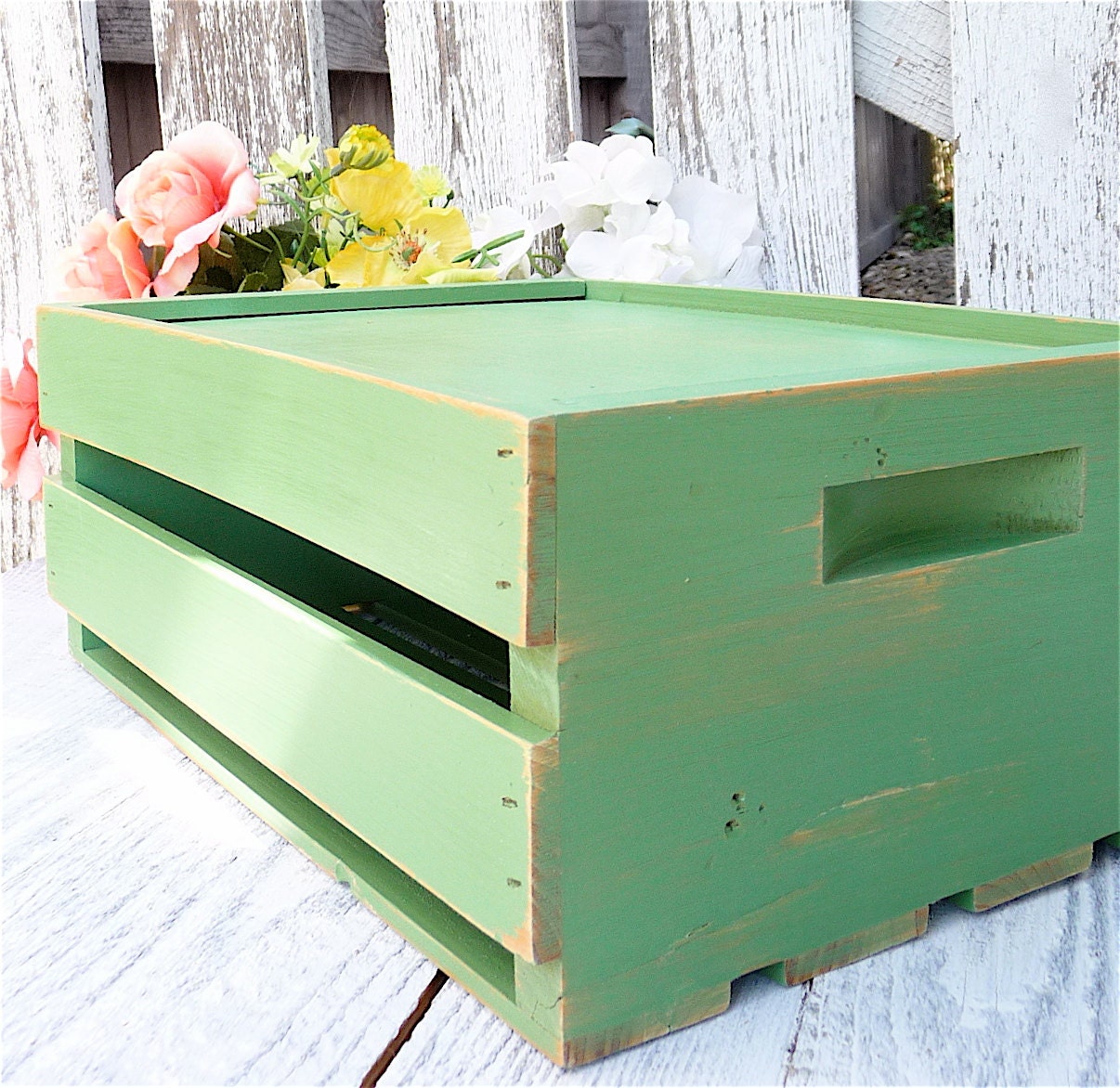 Green SHABBY CHIC Wood Crate Box Shelf Storage