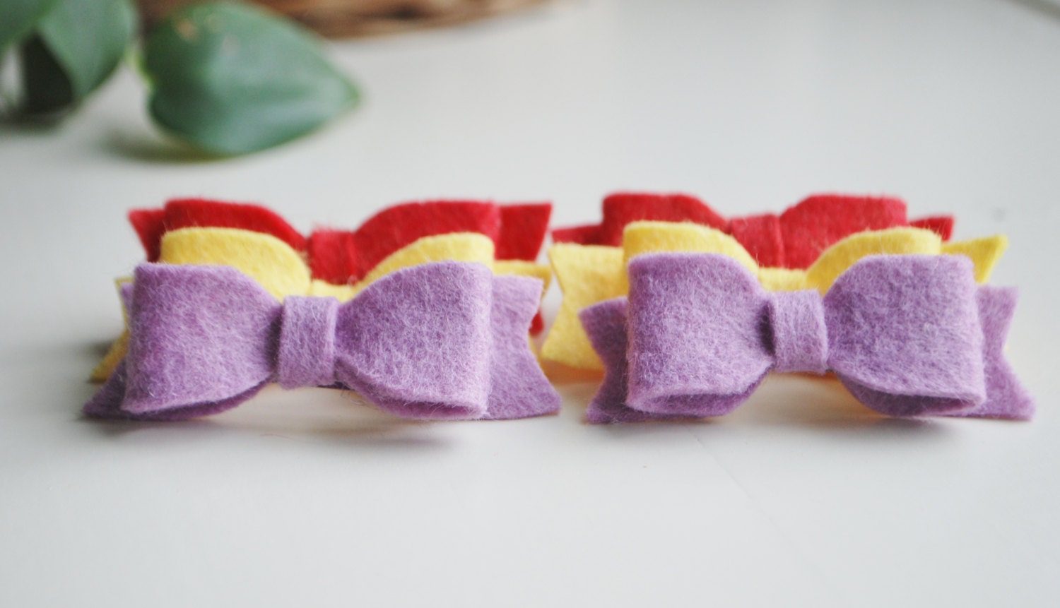 Mini Hair Bow Set, Set of two small wool felt bows perfect for piggy tails, bangs, and fine hair