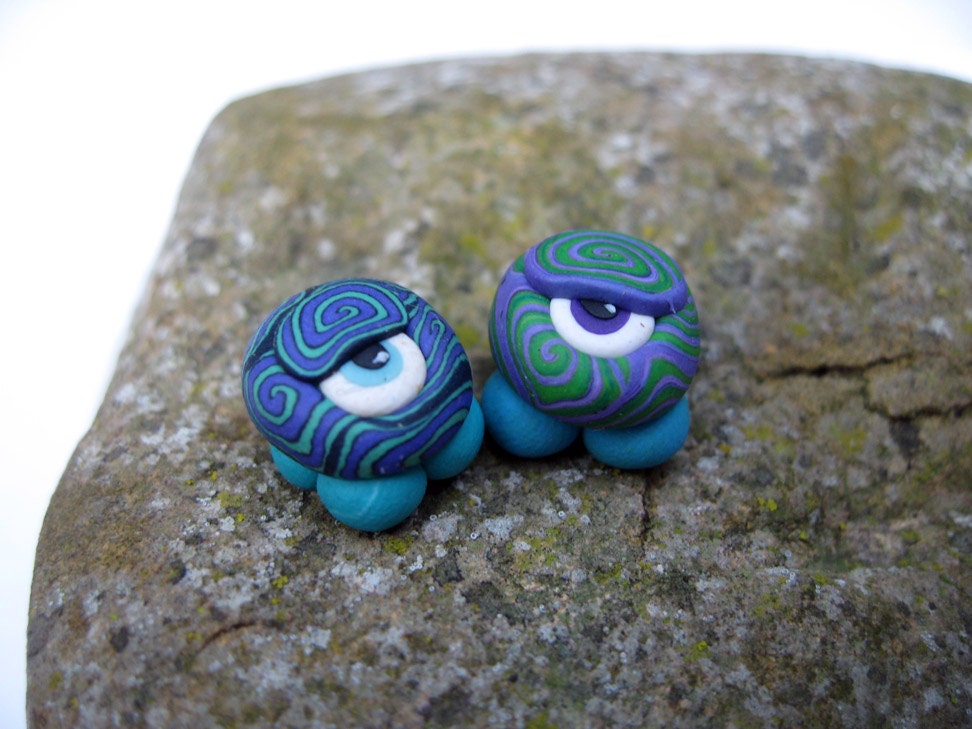 Tiny one eyed wonder bugs, mated pair, purple, blue and green spirals, really cute, millefiori polymer clay