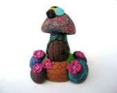 Miniature mushroom fairy house, tiny door, millefiori patterns, pink flowers and little bee, handmade, one of a kind
