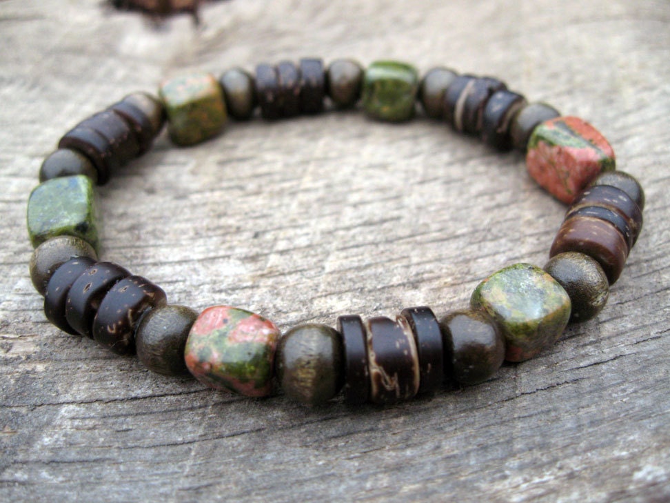 Mens bracelet, tribal surfer style, coconut, stone and wood beads, natural materials, stretch bracelet, upcycled, handmade
