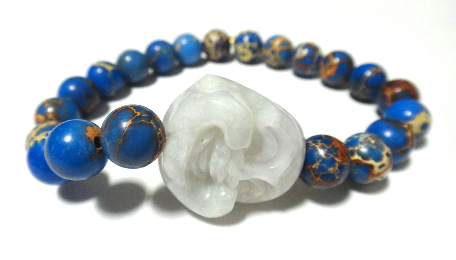 Lapis Blue Magnesite Beaded Bracelet with Jade Green Laughing Buddha