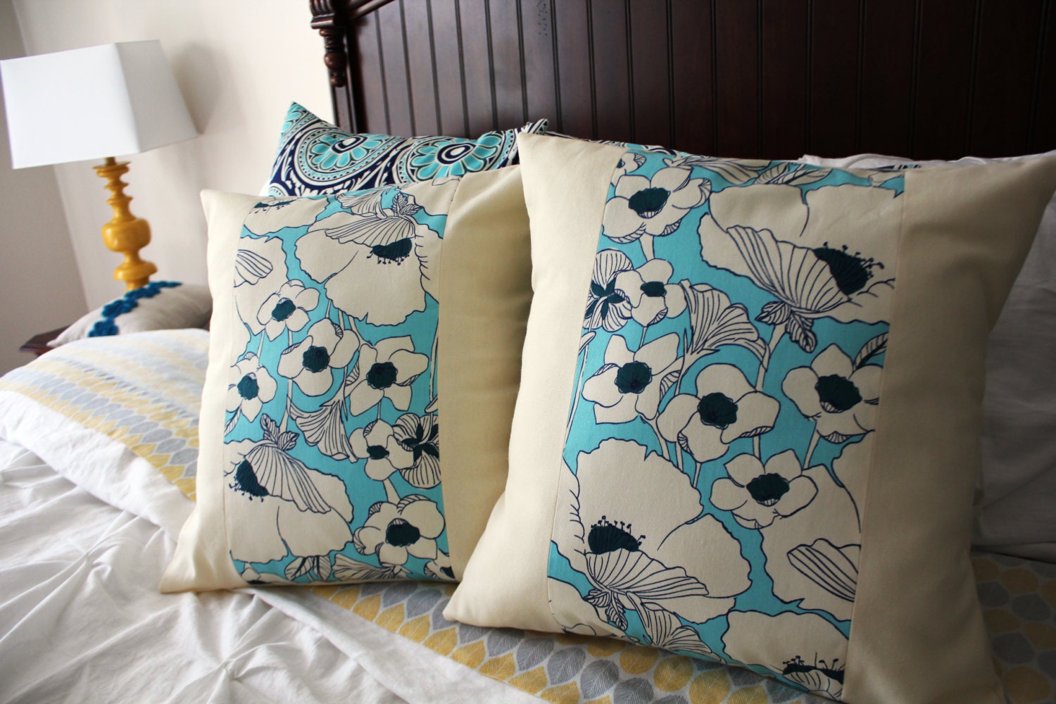 18x18 "Power Poppy Peacock" Color Blocked Pillow Cover Set