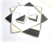 Geometric Necklace Jewelry Triangle Necklace and earrings, leatherette and zipper, White and Black, eco friendly, recycled jewelry