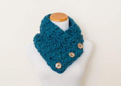 The Chunky Cowl Neckwarmer  Scarf - peacock blue with buttons - Wool Blend
