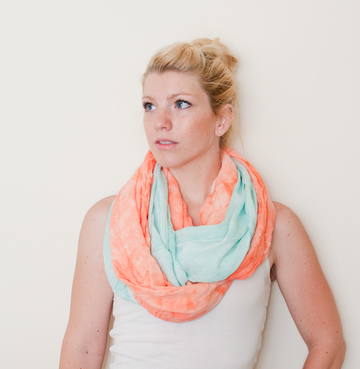 infinity scarf loop scarf - rayon - hand dyed peach salmon and aqua mint set