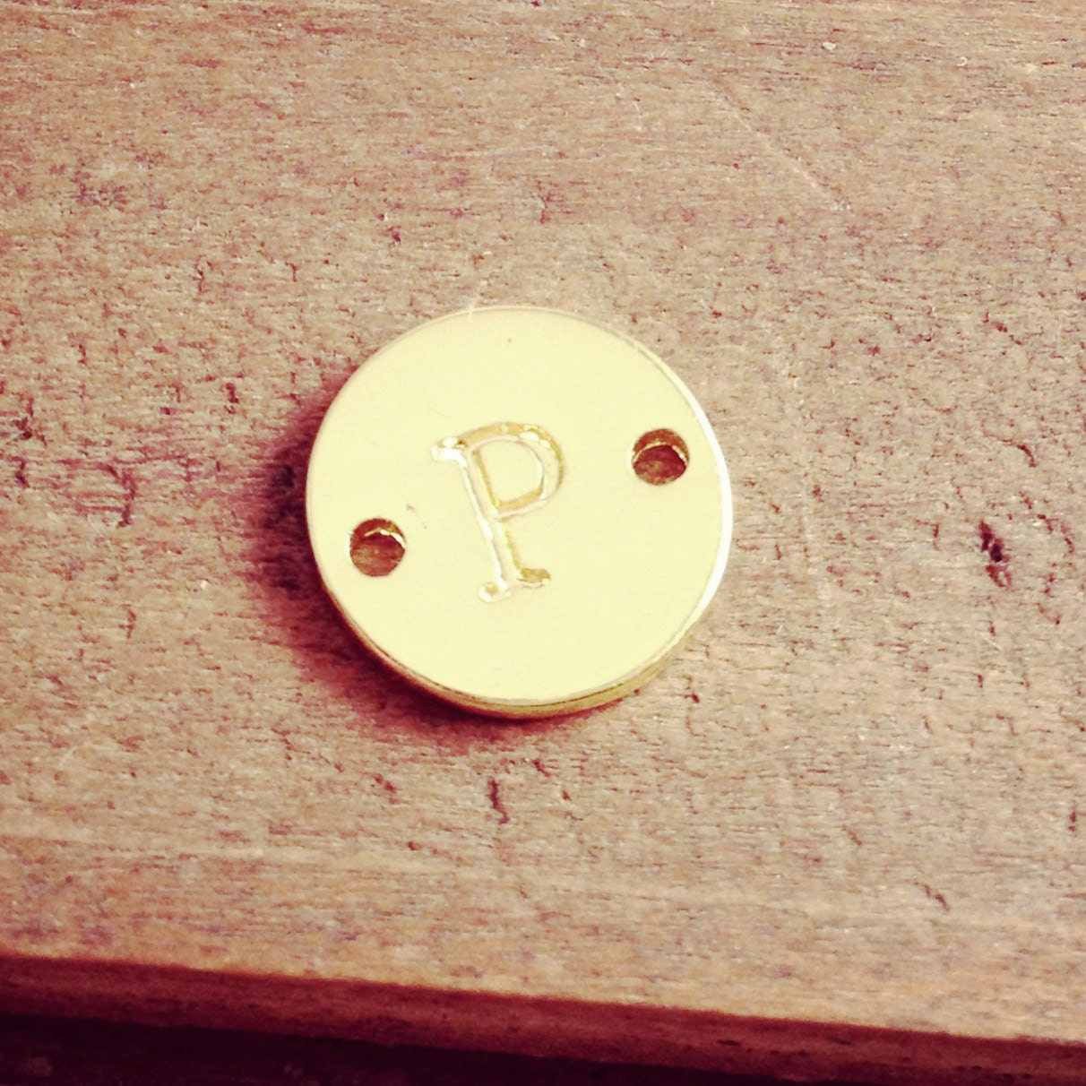 1 - Letter P Stamped Initial Charm Connector 22K GOLD Plated Copper 10mm Round Disc Monogram Letter Alphabet