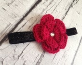 Headband with a crochet flower, Girls hair accessory, Red flower Black headband, Photography prop, Spring/Summer hair accessory