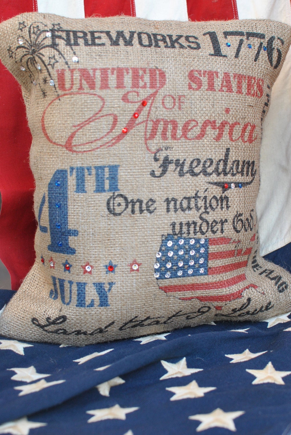 Patriotic Subway Art Burlap Pillow Cover