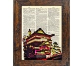 Spirited Away Bathhouse Original Print on an Antique Upcycled Bookpage