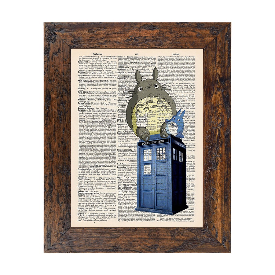 Totoros on the Tardis Doctor Who Original Print on Unframed Upcycled Bookpaper