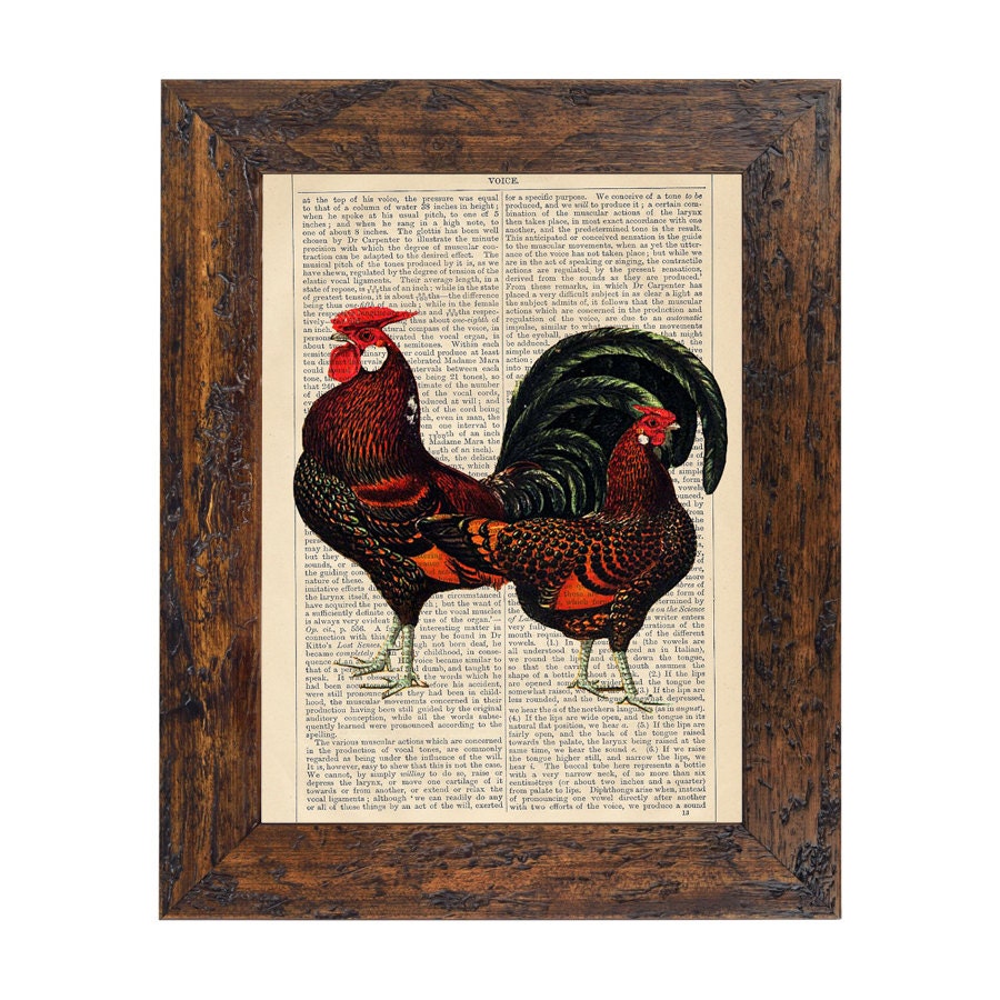 Vintage Ornate Red  French Hens Artistic Print on an Unframed Upcycled Bookpage