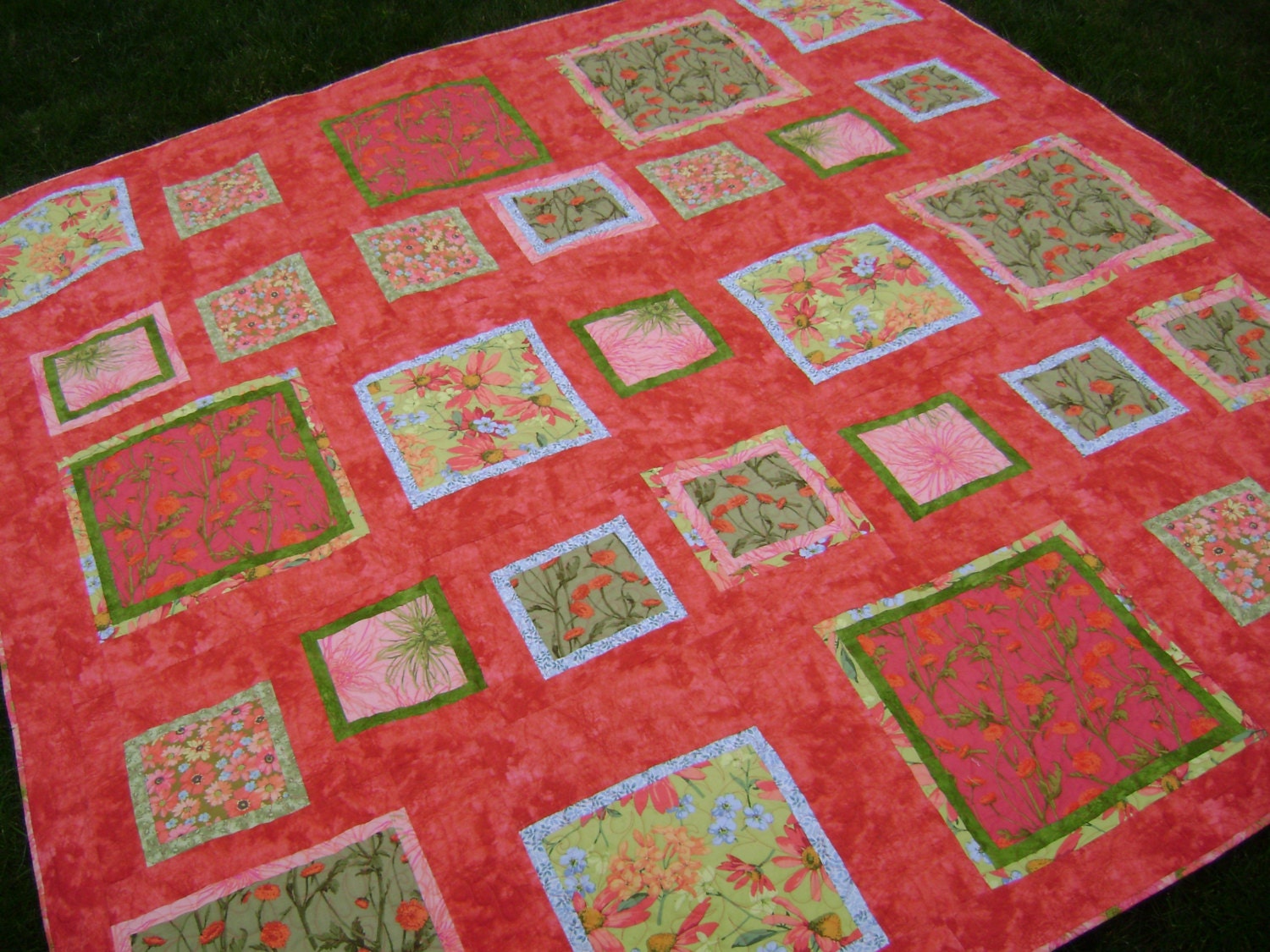 Bright Floral Large Lap or Bed Quilt - Handmade Patchwork Blanket in Melon Orange Green Blue Sage Coral Martha Negley Fabrics
