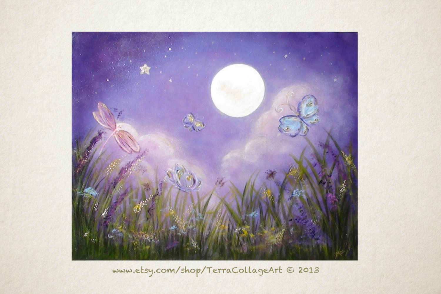 Show Me The Moon. OOAK 16x20 UNFRAMED Original Mixed Media Painting, girl's room, teen, tween, nursery decor, purple