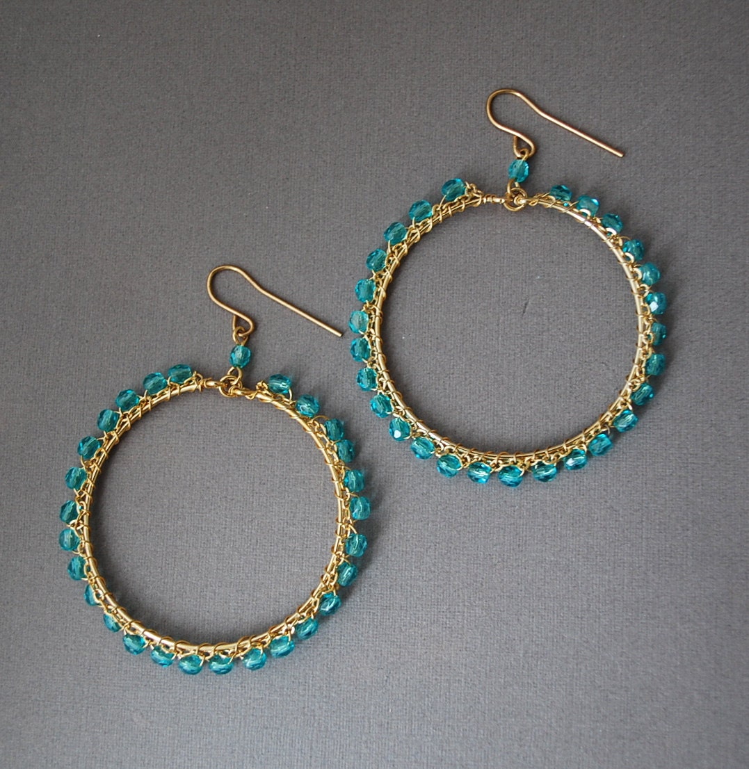 LAST PAIR SALE Gold Teal Light Blue Wrapped Circle Hoop Earrings