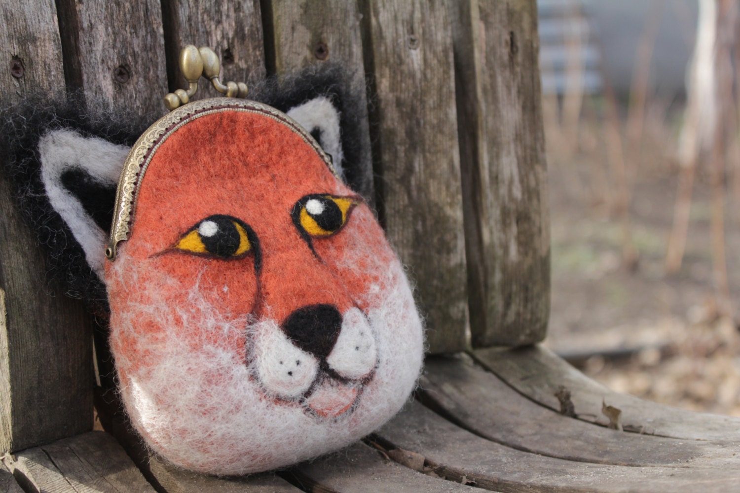 Red fox, hand felted purse for cosmetics, Iphone, or money
