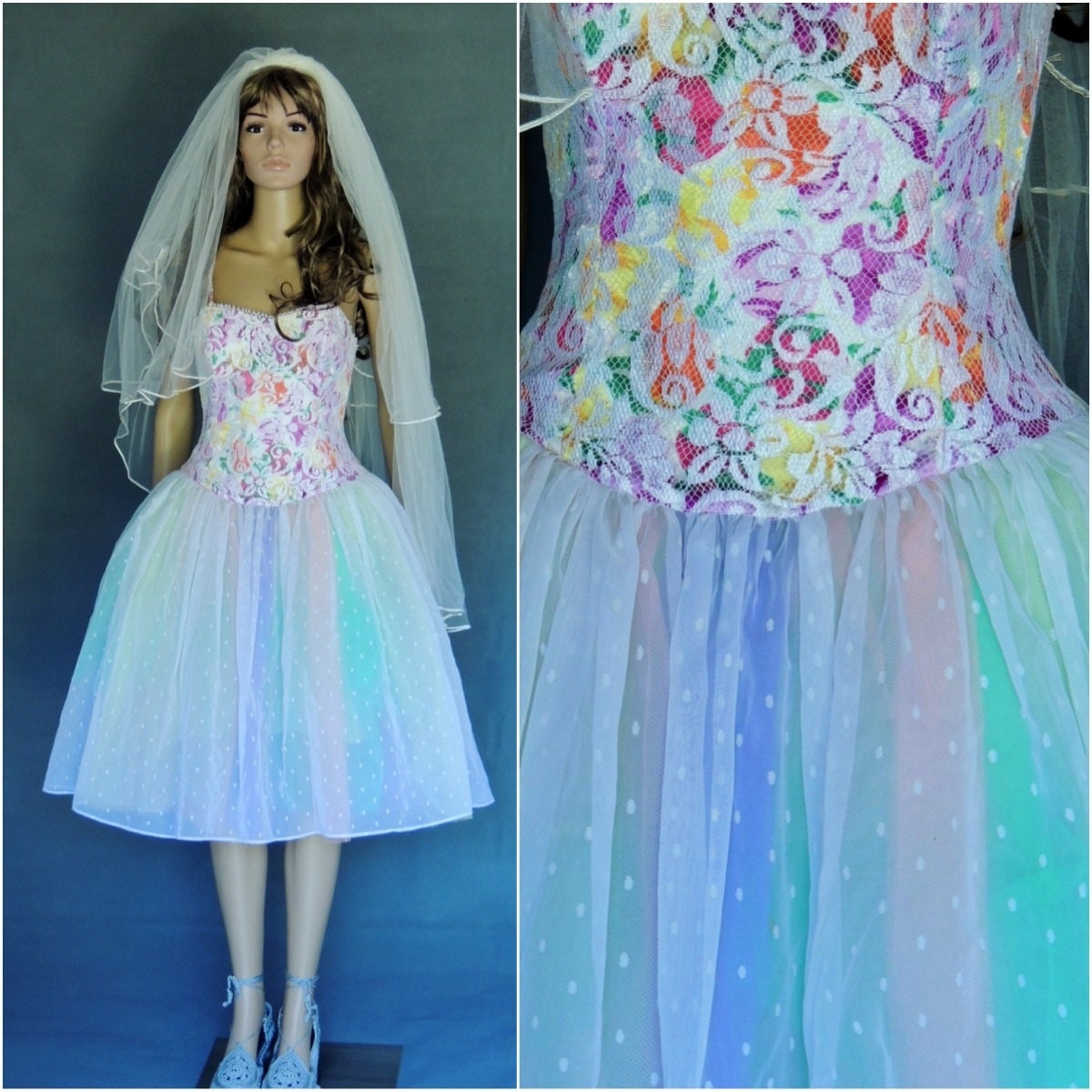 60s Tulle Princess DRESS sheer spot rainbow mesh lace Grunge Wedding fantasy BALLET white candy magic Punk fairy bride gown knee length xs s