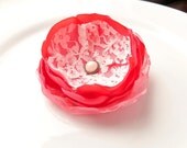 Coral Flower Hair Clip with Lace, Guava Bridesmaids Coral Wedding, Spring Bridal Gift, Organza, Pearl, Shabby Chic Flower