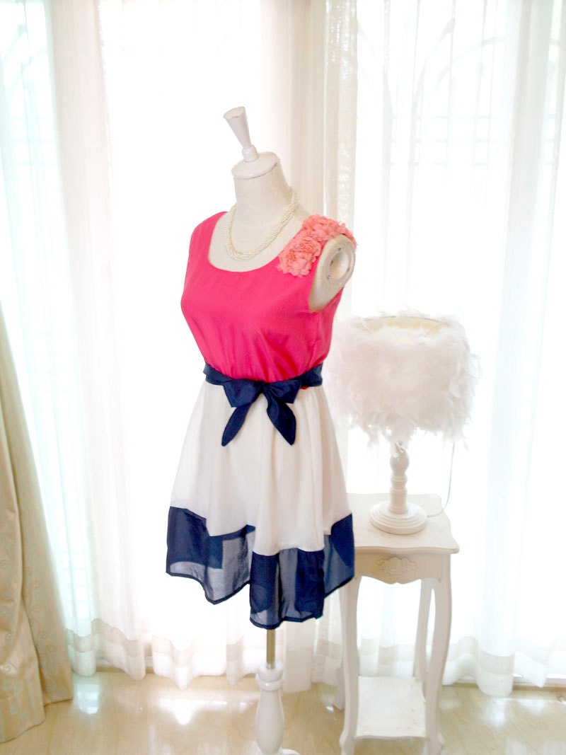 Lovely Pink Spring Marine Style Striped Chiffon FlowersPetals Shoulder Tunic Dress Sundress Navy Sash