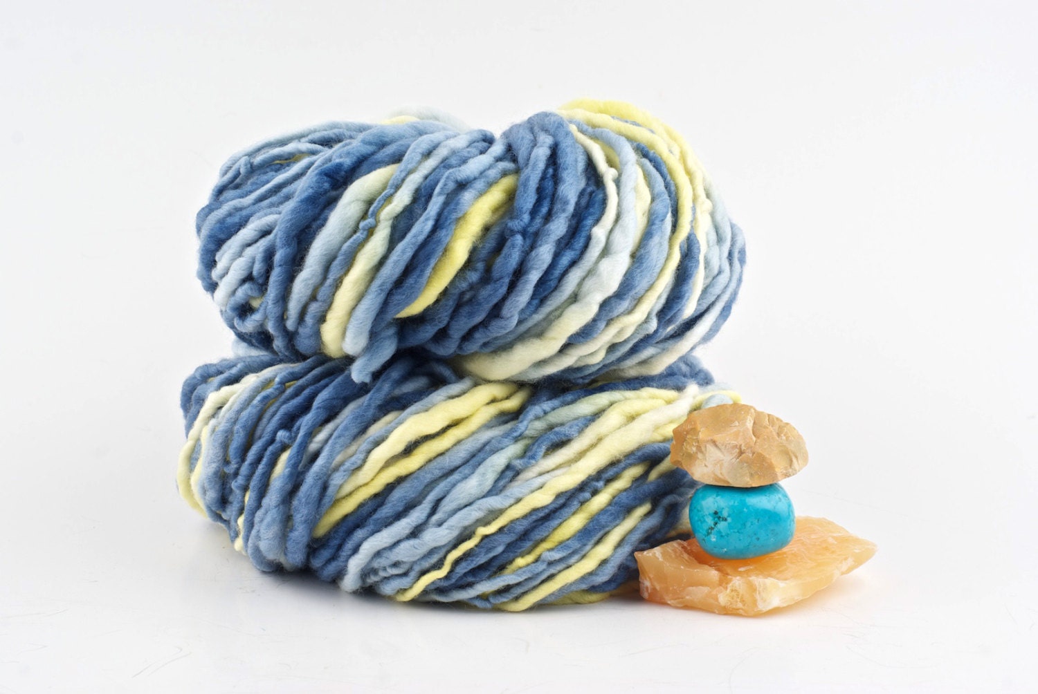 110 yards Handspun Yarn - Merino Single Yarn - Lemon and Steel Blue