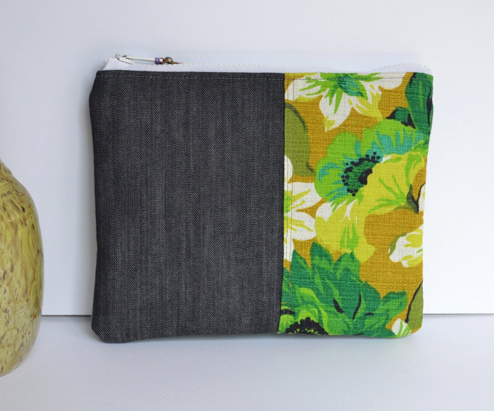 Limited Edition Pouch Clutch Gadget and Tablet Holder in Vintage Floral Denim and Vintage Heavy Plaid Cotton Woven Upholstery