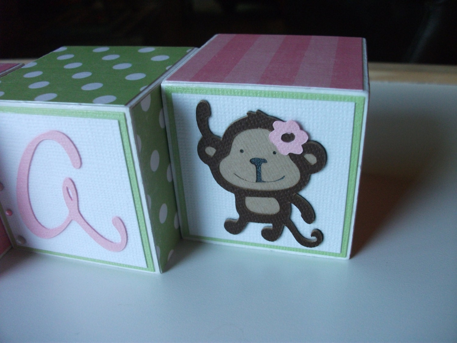 Wooden Name Blocks - Pink Green - Monkeys
