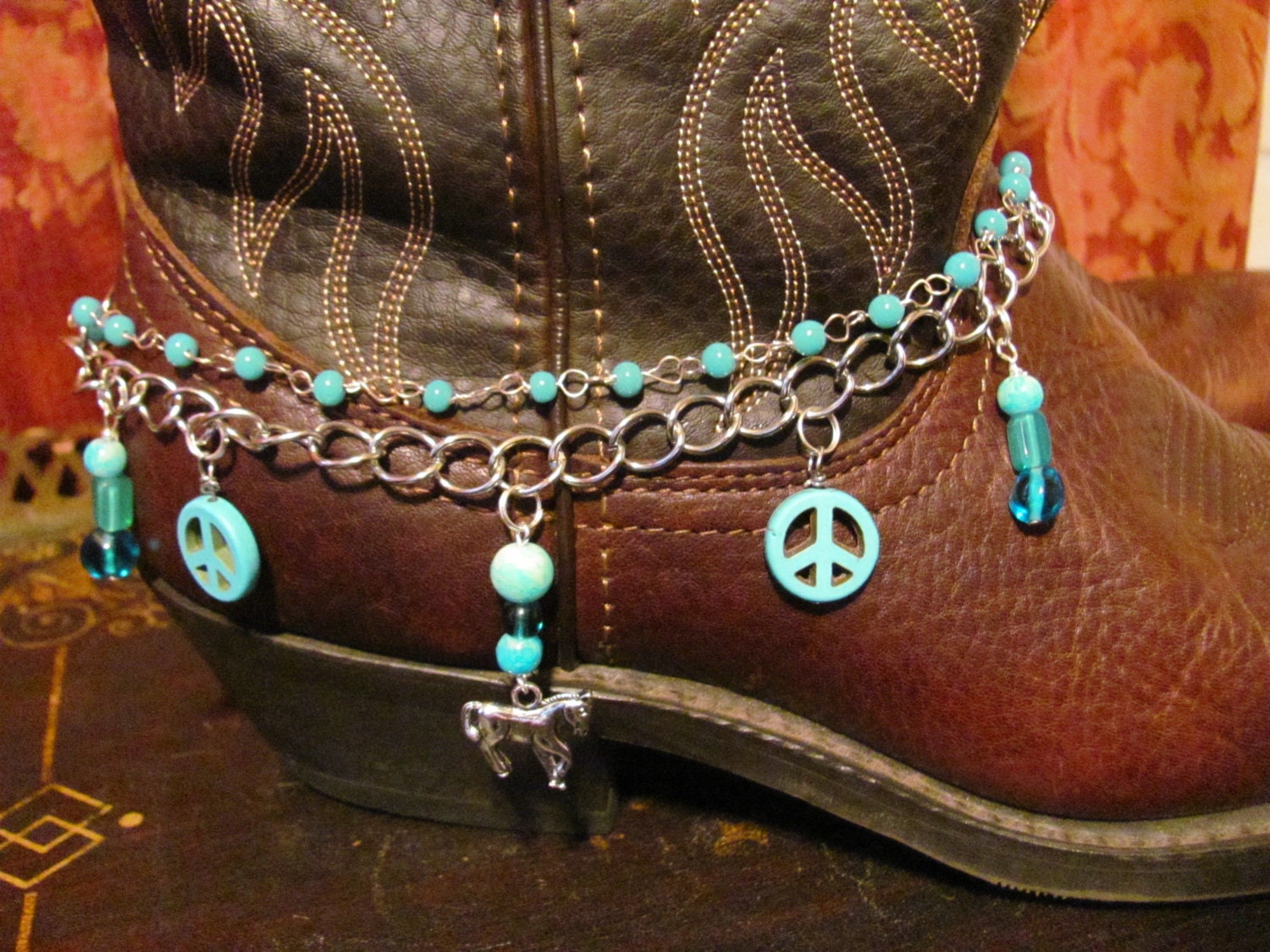 Boot Bracelet /Boot Sweets/ Cowgirl Western Wear Accessories/ Turquoise Howlite Peace Signs / Horse Charm/ Anklet