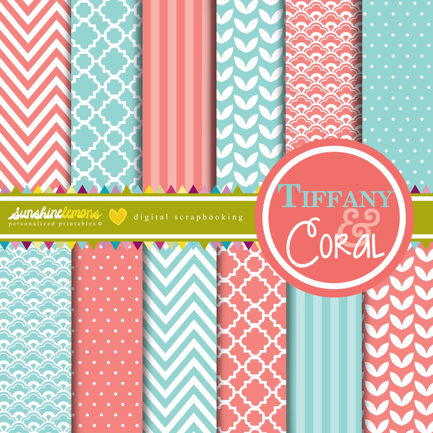 Coral & Tiffany Digital Papers - Set of 12