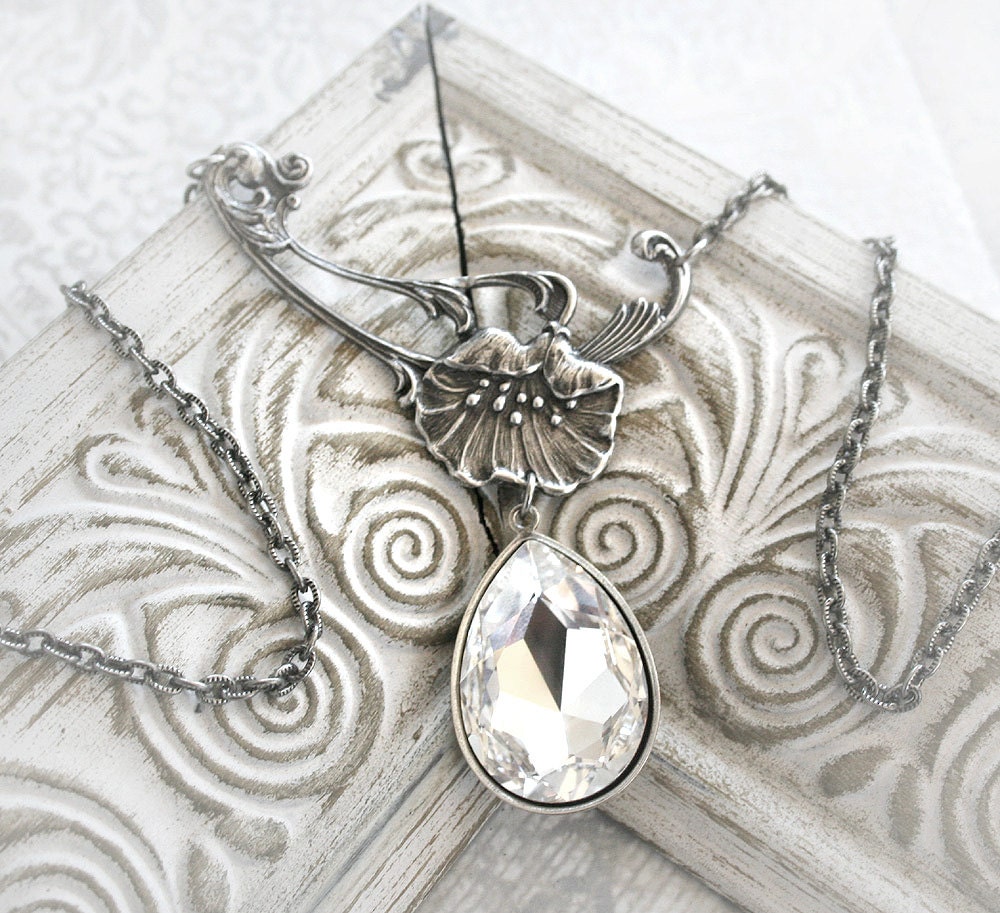 LILY BRIDE romantic vintage fantasy inspired lily asymmetrical bridal necklace with Swarovski crystal, free gift boxing