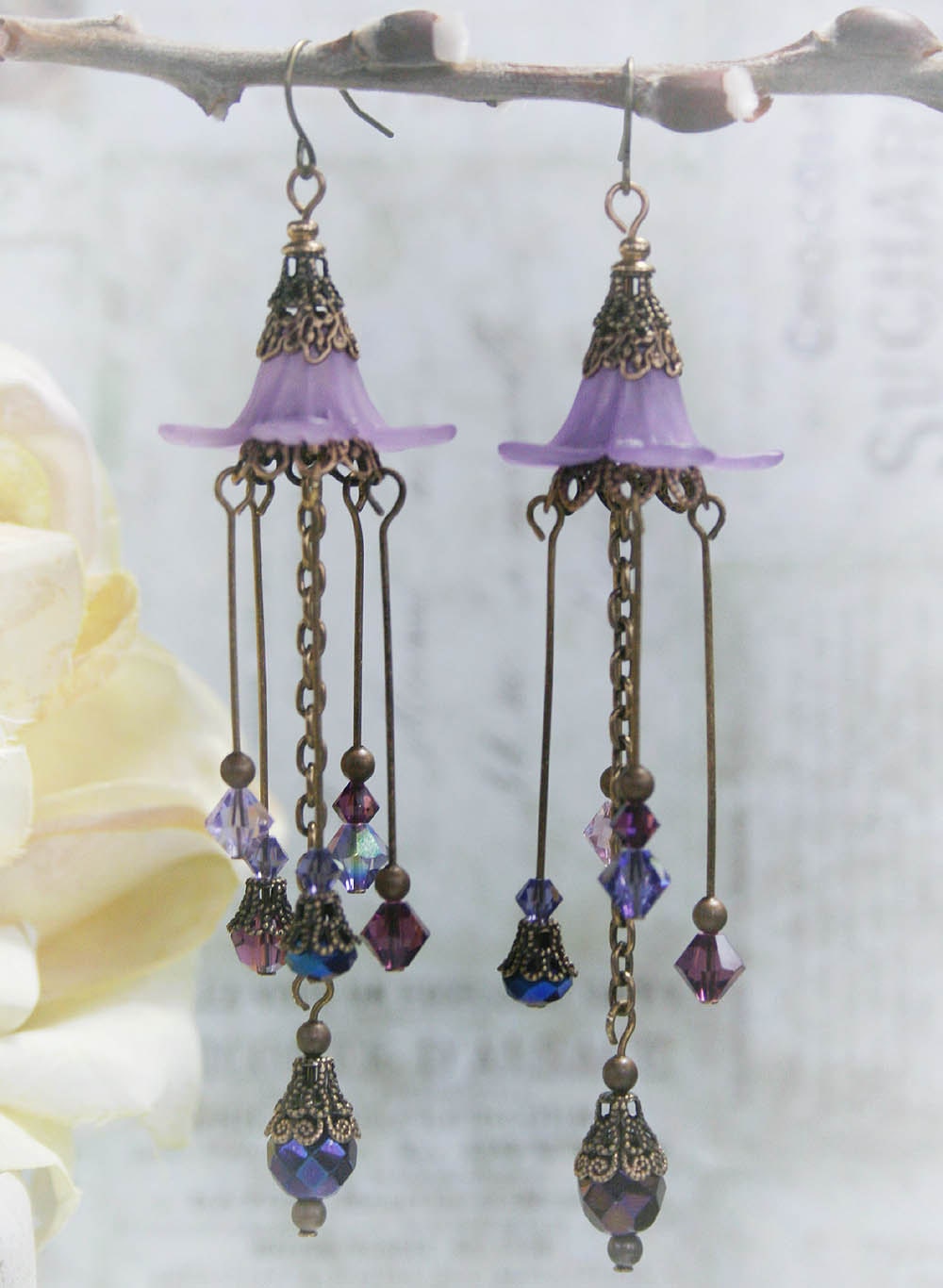 PURPLE RAIN extra dangly chandelier dangle earrings with purple flowers, free gift boxing