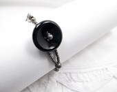 Button Bracelet Beaded Jewelry Handmade Vintage Black Button Metallic Silver Seed Bead Bracelet