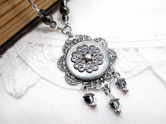 Silver Lariat Necklace Beaded Jewelry Metal Lace Button Victorian Steampunk Handmade Upcycled Boho Romantic Black White