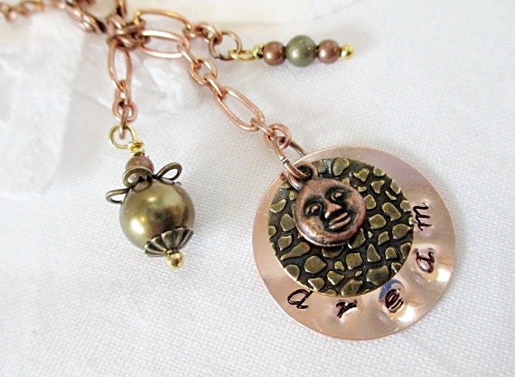 Dream Necklace Beaded Jewelry Stamped Metal Moon Charm Upcycled Bohemian Rustic Victorian Boho Pearl Bead Metallic Copper