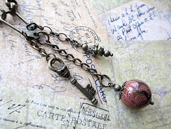 Key Charm Lariat Necklace Beaded Jewelry Mixed Media Upcycled Steampunk Goth Glass Pearl Red Peach Brown