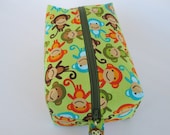 Medium Zippered Project Bag - Monkey Toss on Green with enameled brass monkey bell zipper pull