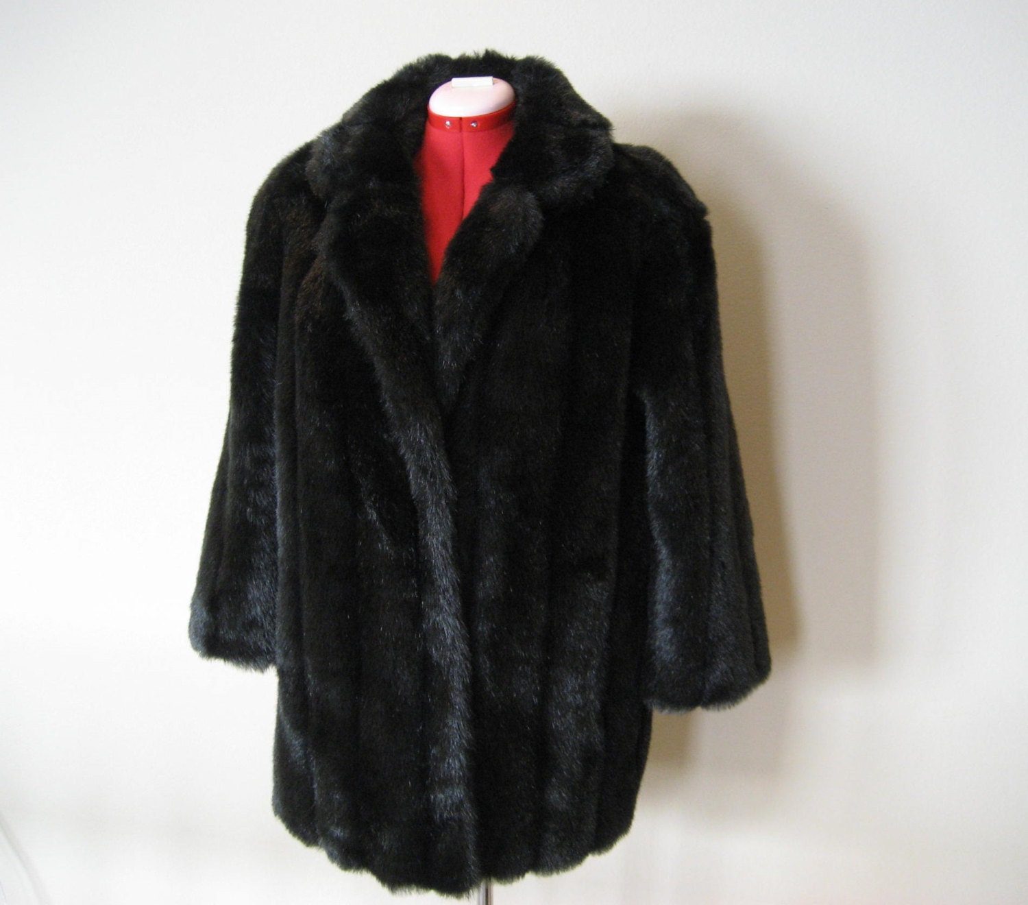 Vintage Black Sable Faux Fur Jordache Coat Size M/L Excellent Condition