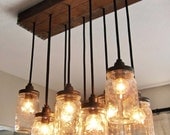 Handcrafted Mason Jar Pendant Chandelier  w/ Rustic Vintage Style Wood Crate Canopy