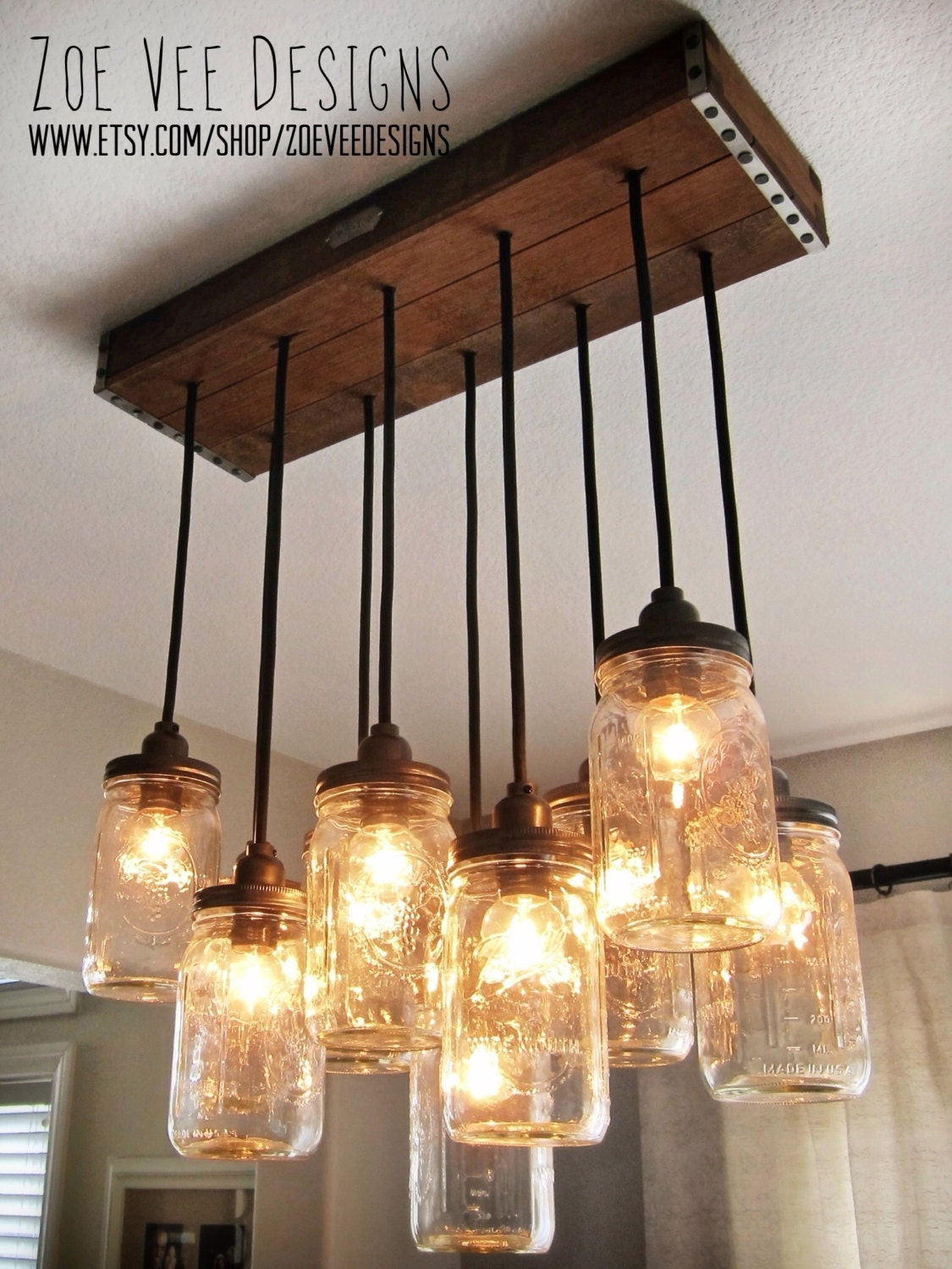 Handcrafted Mason Jar Pendant Chandelier  w/ Rustic Vintage Style Wood Crate Canopy