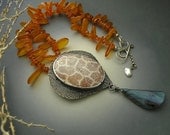 Fossil Coral Agate and Genuine Amber Fine silver Necklace