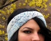Knitted Turband Headband Twist Blue White. Ear Warmer. Stretchy Workout Hair Band. Hair Bands Hair Coverings for Women