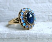 RESERVED - Amazing Vintage 9K Yellow Gold Opal and Sapphire Ring - 3.98ct.