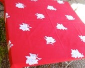 Vintage Red Wilendur Tablecloth with White and Gray Flowers