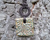 Brown ceramic pendant necklace / Textile Ceramic Jewelry / OOAK ceramic pendant / Square handmade textured / Ceramic jewelry / Boho pendant