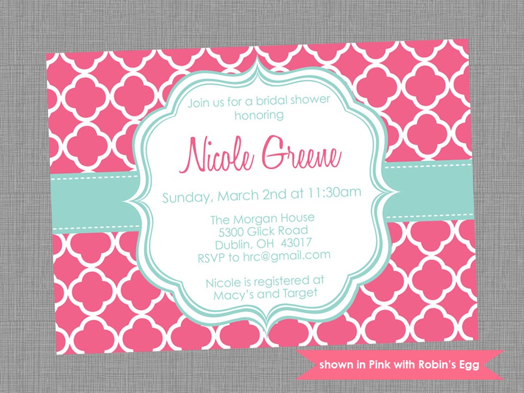 Printable Bridal Shower Invitation - Shower Themed Quatrefoil Invite - Colors and Text Customizable Il_570xn