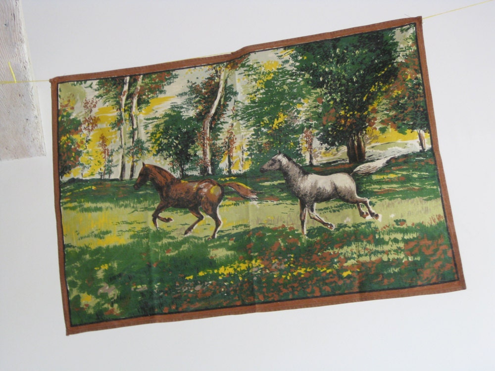 mid century French tea towel, galloping horses design