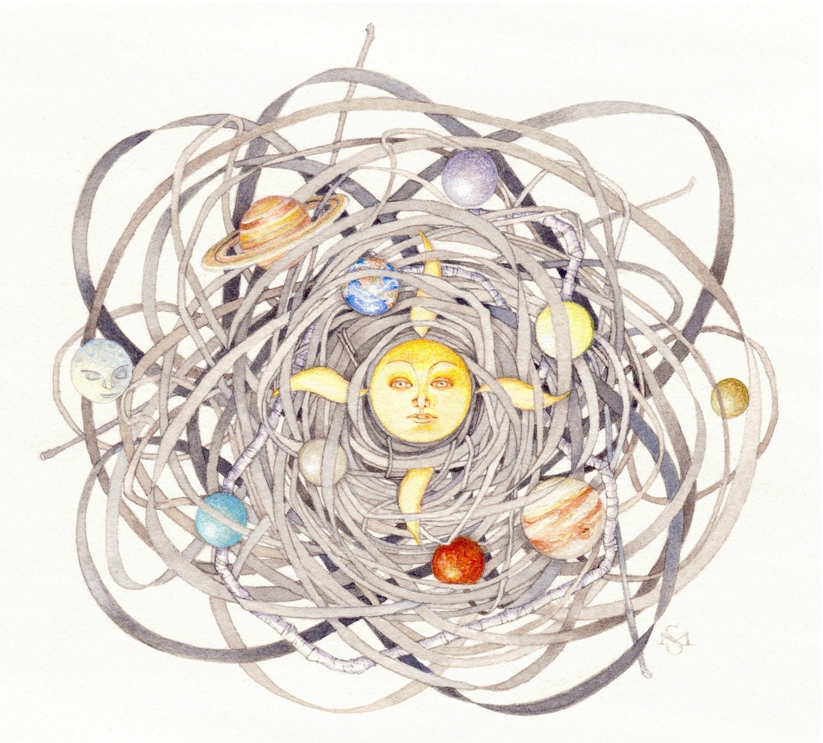 solar system sun moon earth watercolor nest art