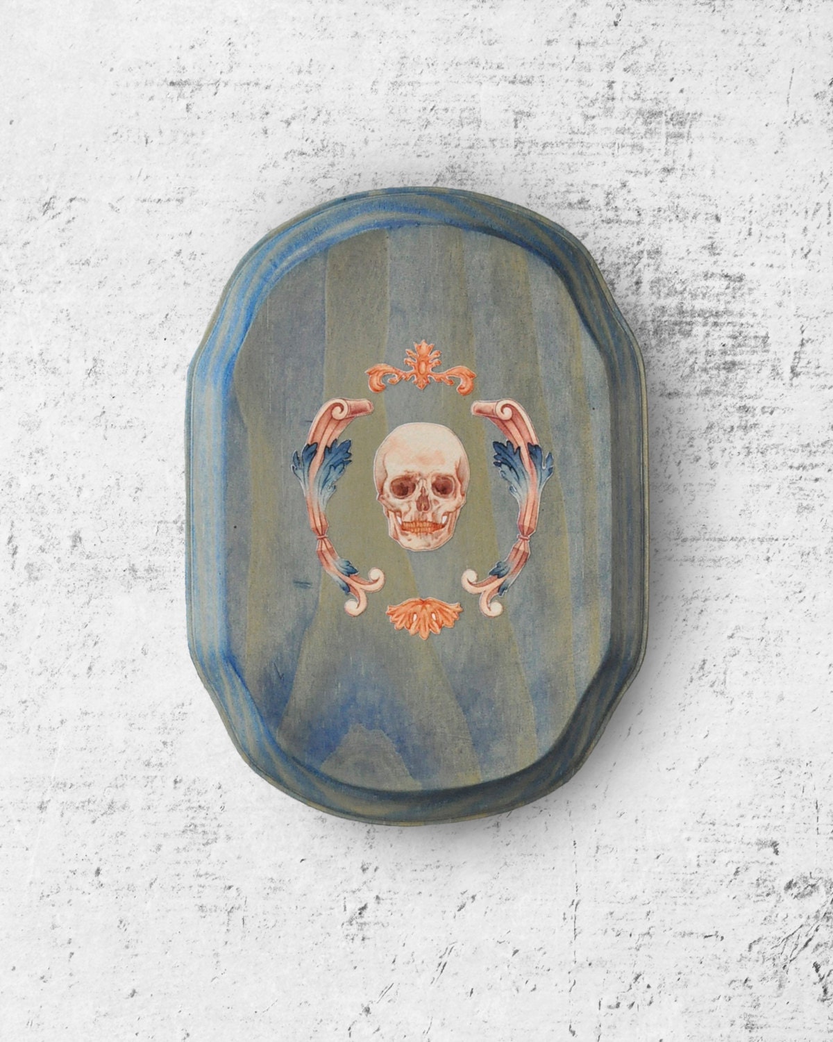 PAPERCUT of  "King Cranium" illustration on stained wood plaque, collage/decoupage paper craft
