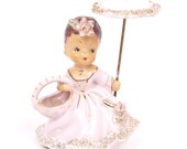 Vintage Japan Figurine Girl With Parasol 1950s Porcelain Pink Hand Painted Vase